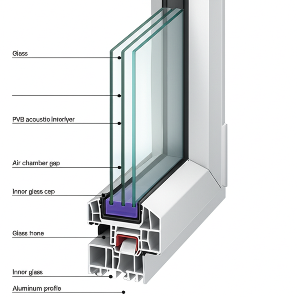 Diagrama explicativo del funcionamiento de ventanas antiruido - capas de vidrio, cámara de aire y sellos herméticos